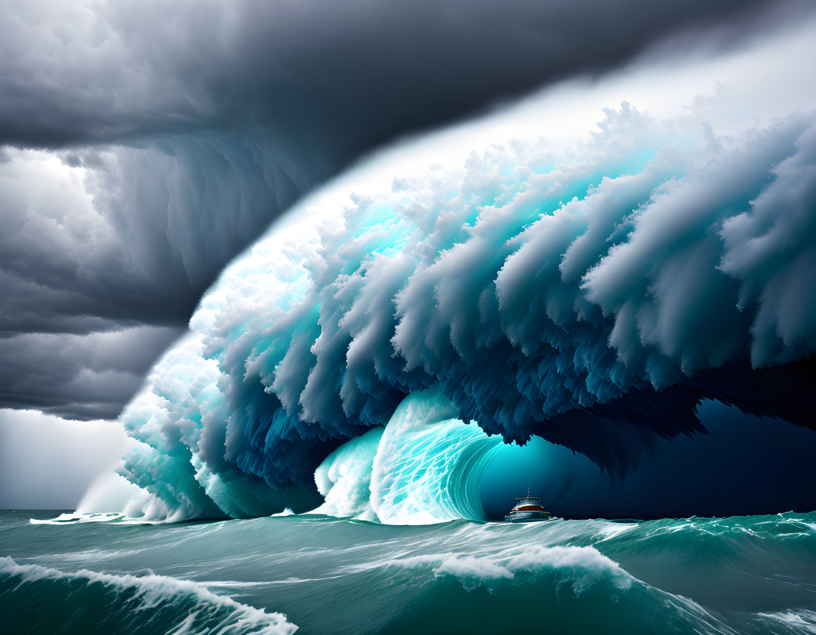 Detailed Stormy Sea Scene: Ship Confronts Towering Wave