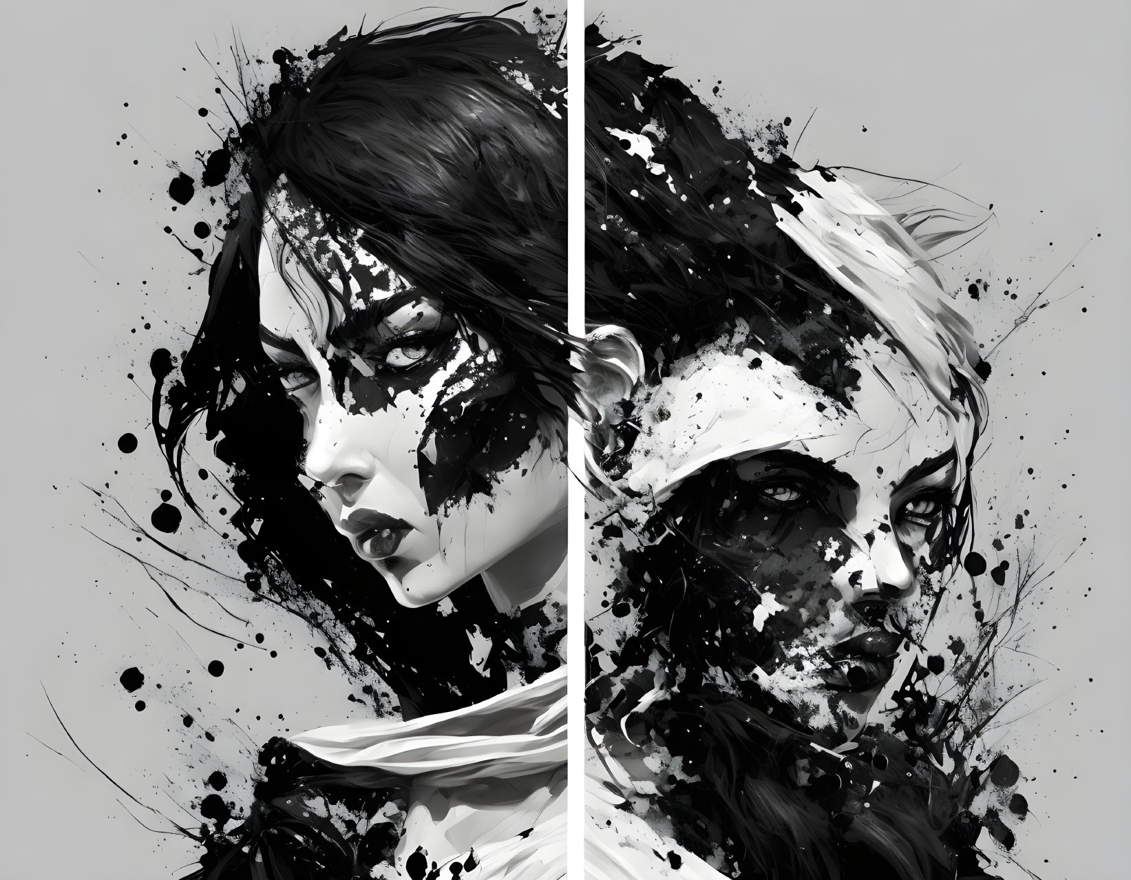 Monochromatic digital artwork of two faces with splattered ink effects in yin-yang composition