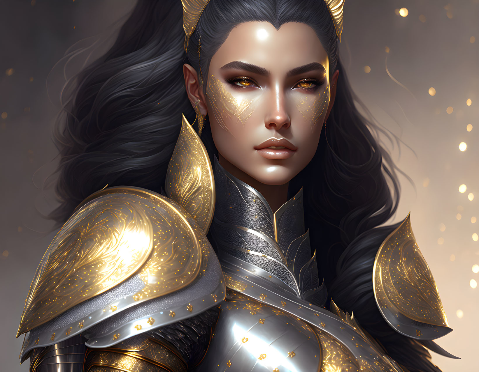 Fantasy female warrior digital artwork with golden eyes and detailed armor