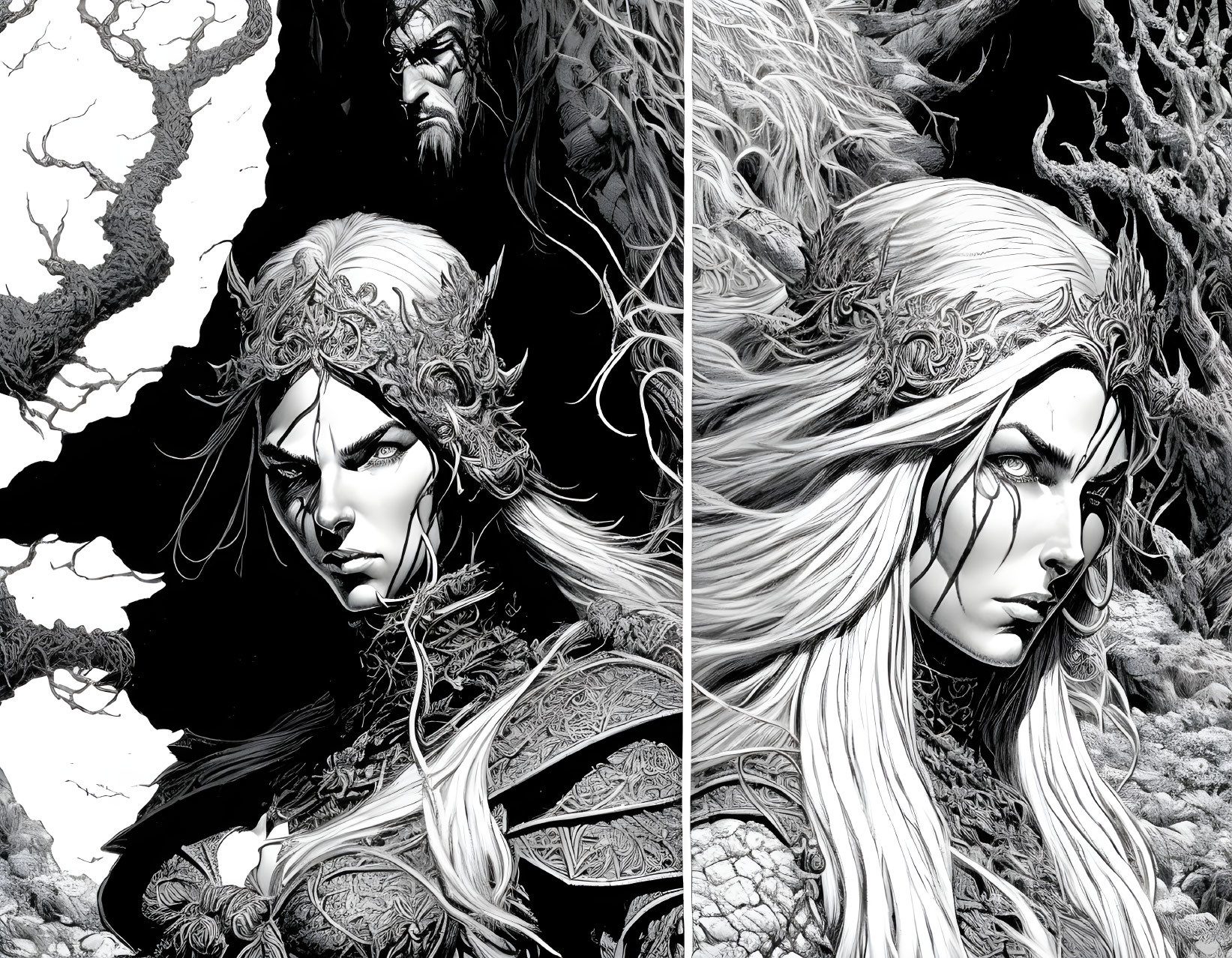 Male and female fantasy characters in elaborate armor amid intricate tree branches