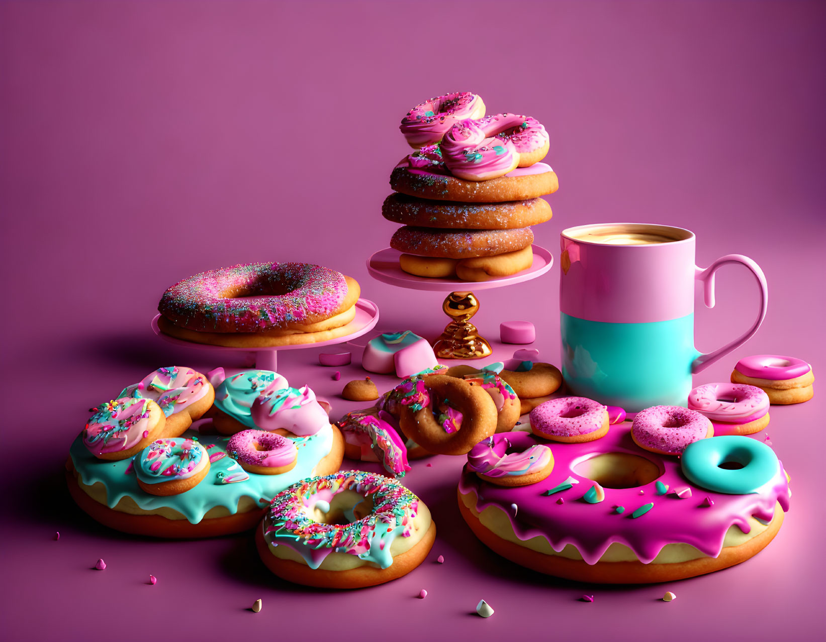 Assorted colorful doughnuts with coffee mug on purple background