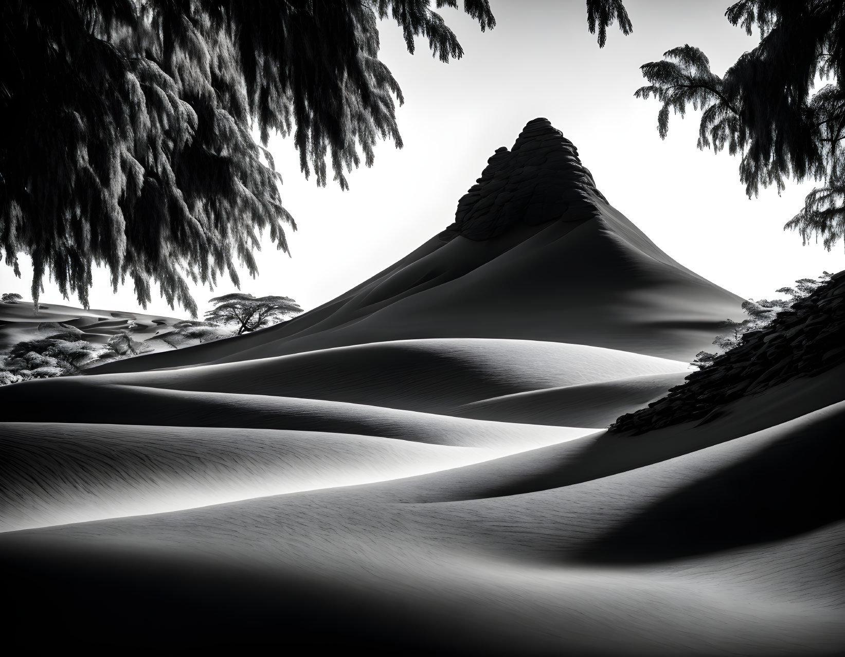 Monochromatic desert dunes under overcast sky with tree branches.