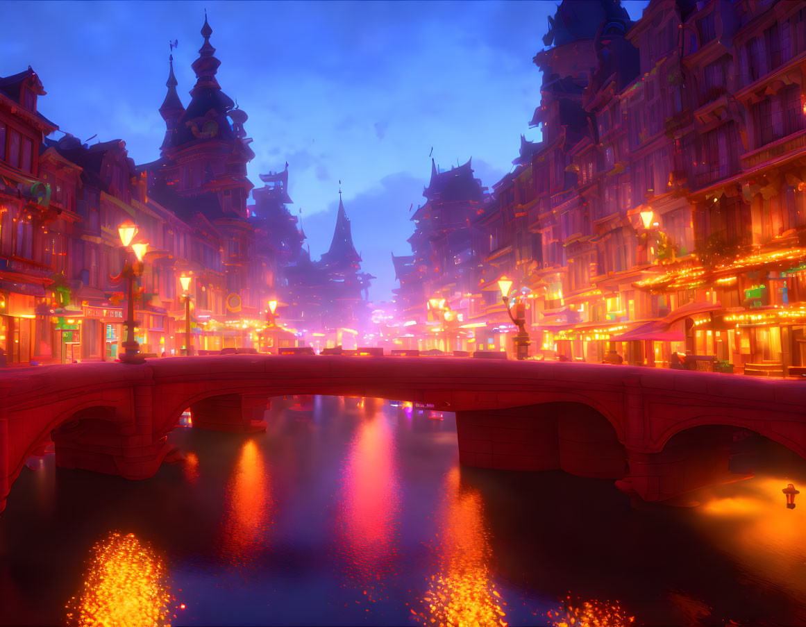 Fantasy cityscape with spired buildings, stone bridge, and purple sky