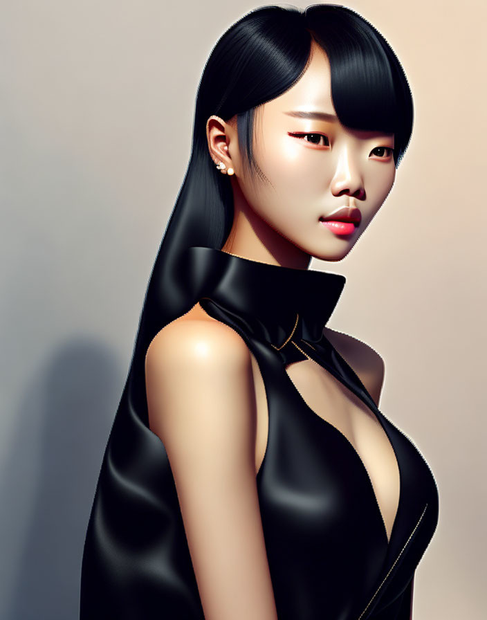 Asian woman with sleek black hair in shiny top under light