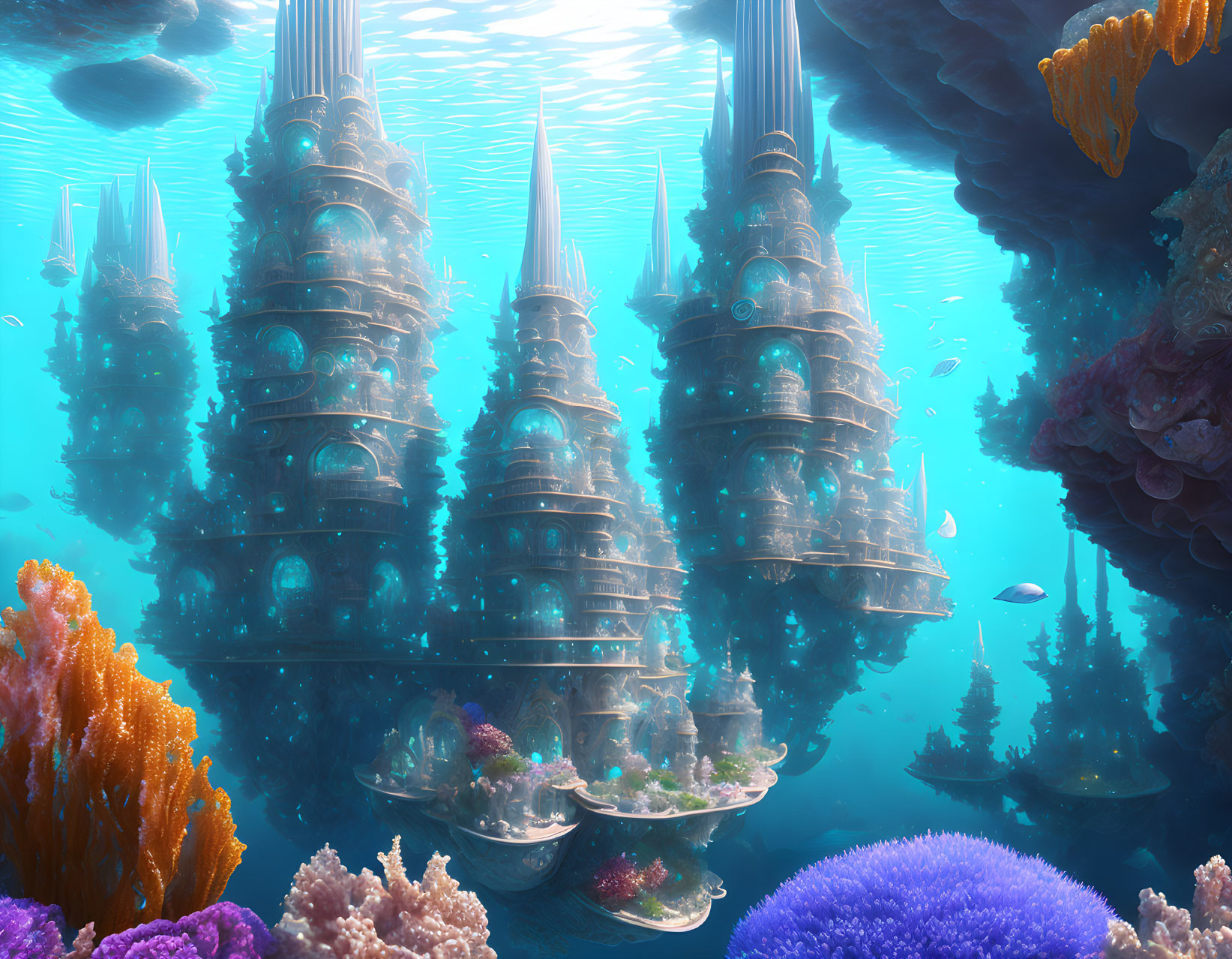 Futuristic underwater cityscape with colorful coral and marine life