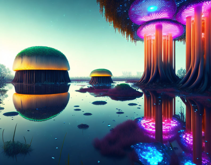 Fantastical twilight landscape with glowing mushroom structures and lush vegetation.