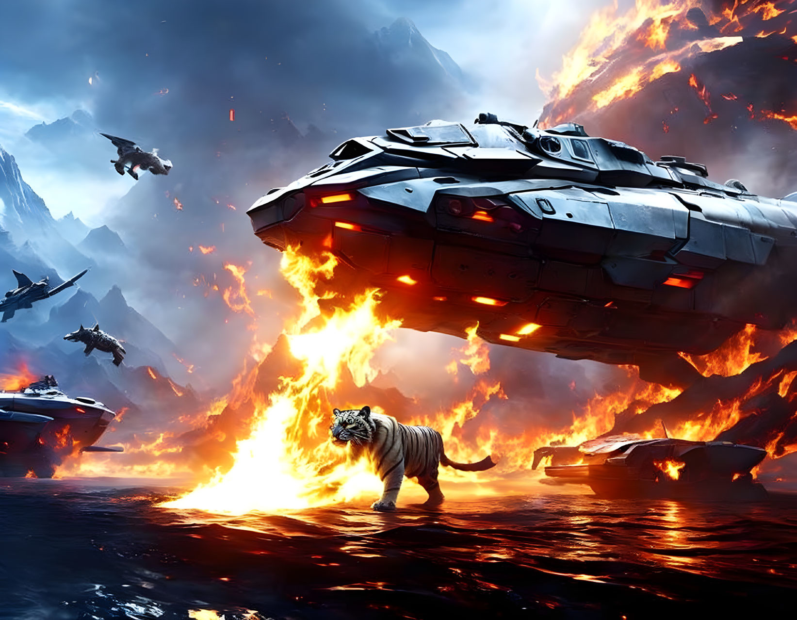 Tiger in fiery post-apocalyptic landscape with crashed spaceships