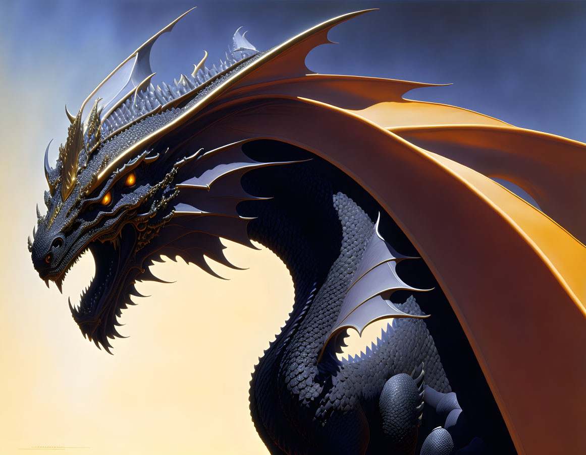 Orange-winged dragon with glowing eyes against cloudy sky