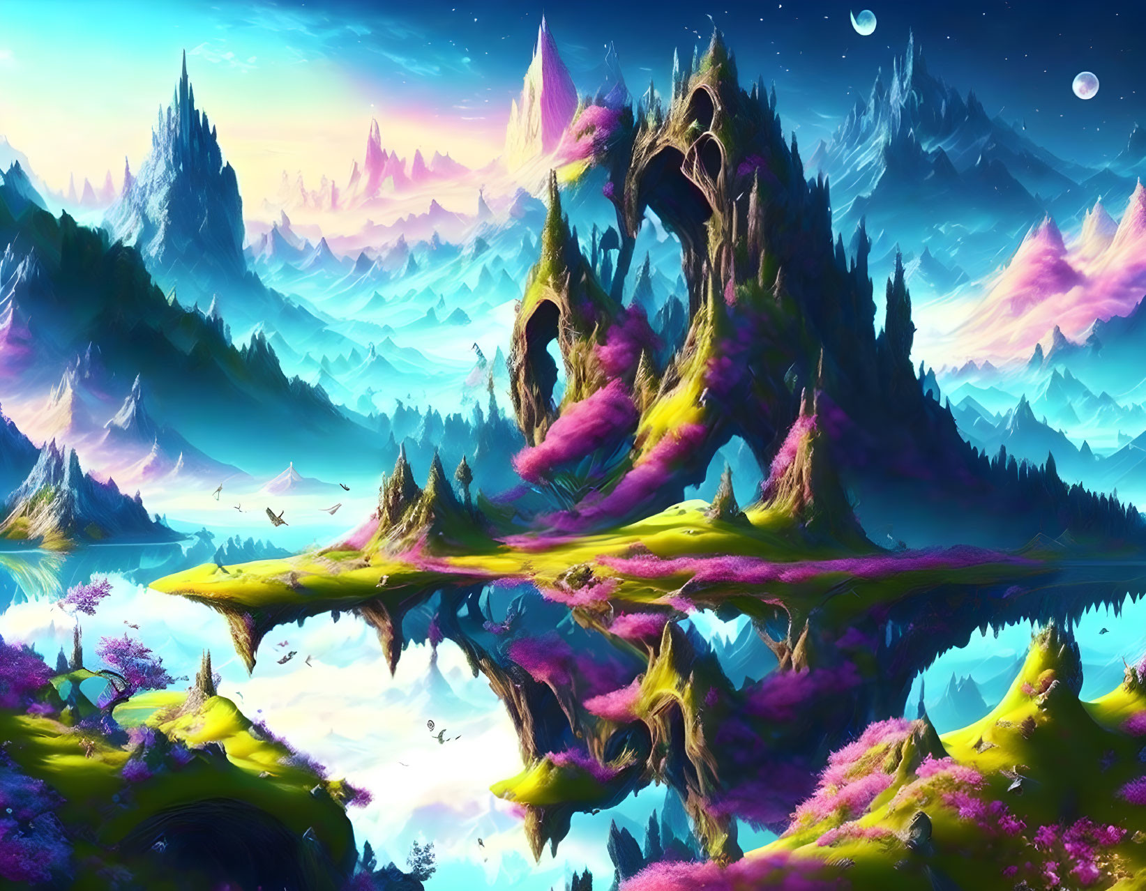 Fantasy landscape with pink vegetation, floating islands, spiky mountains, and multiple moons