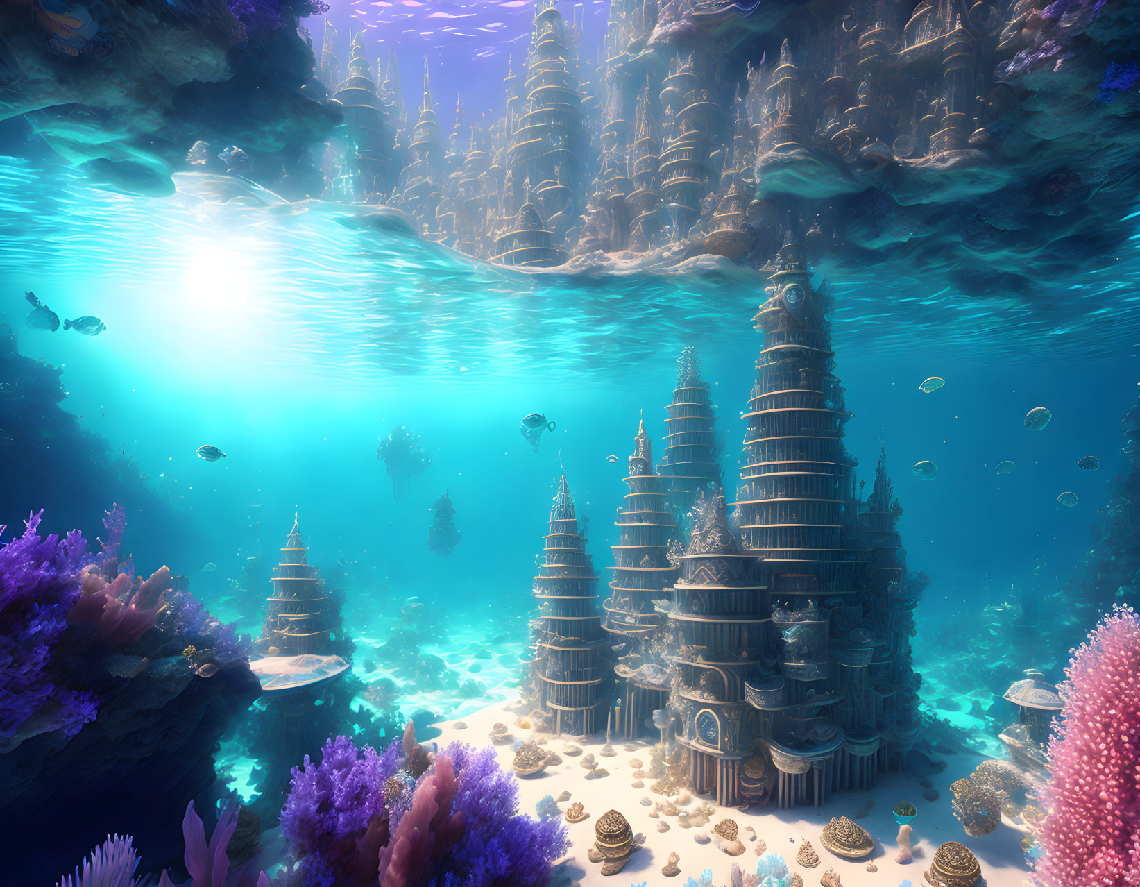 Vibrant underwater fantasy city with spiraled towers and colorful coral reefs