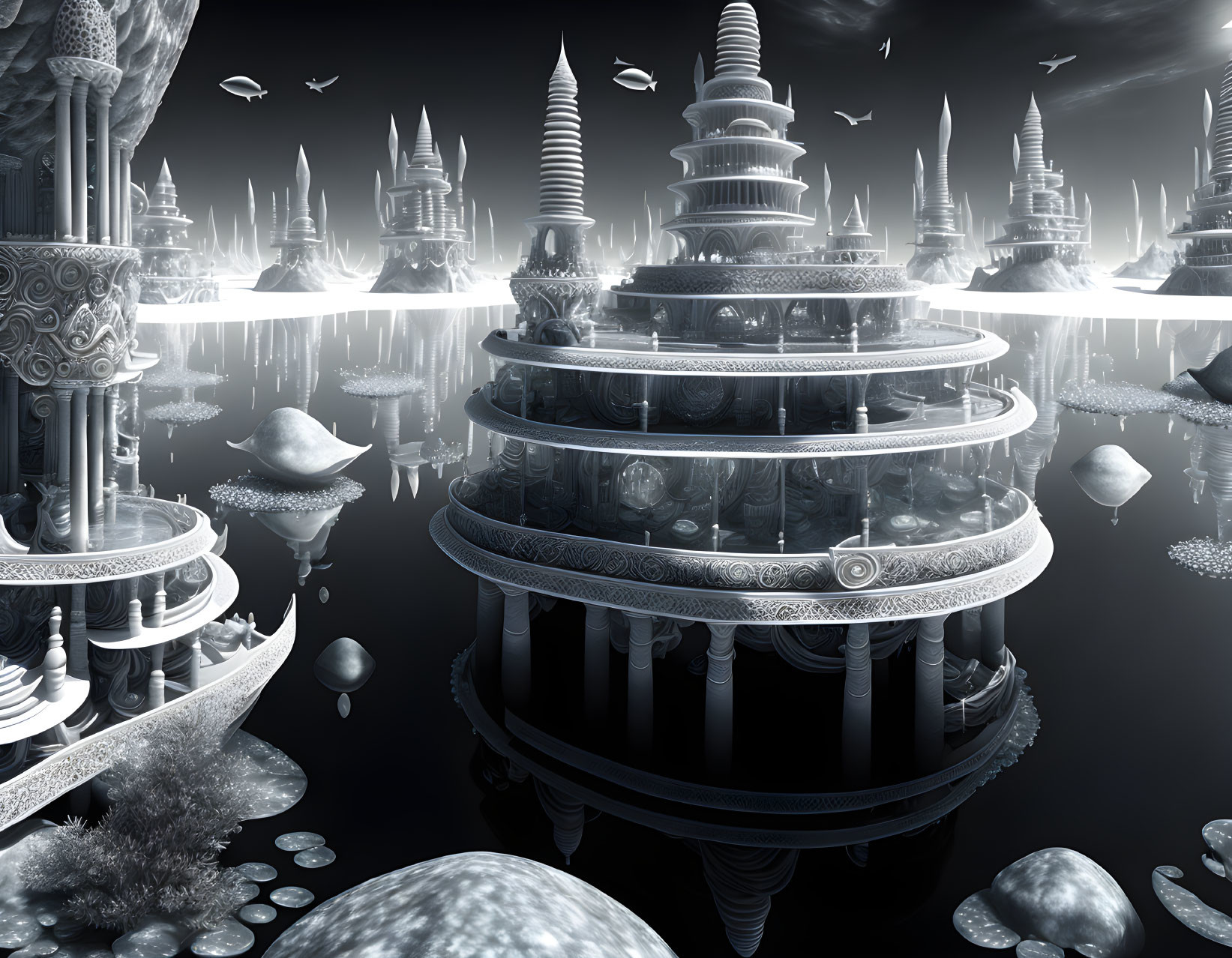 Futuristic cityscape with circular platforms, ornate buildings, and floating elements.