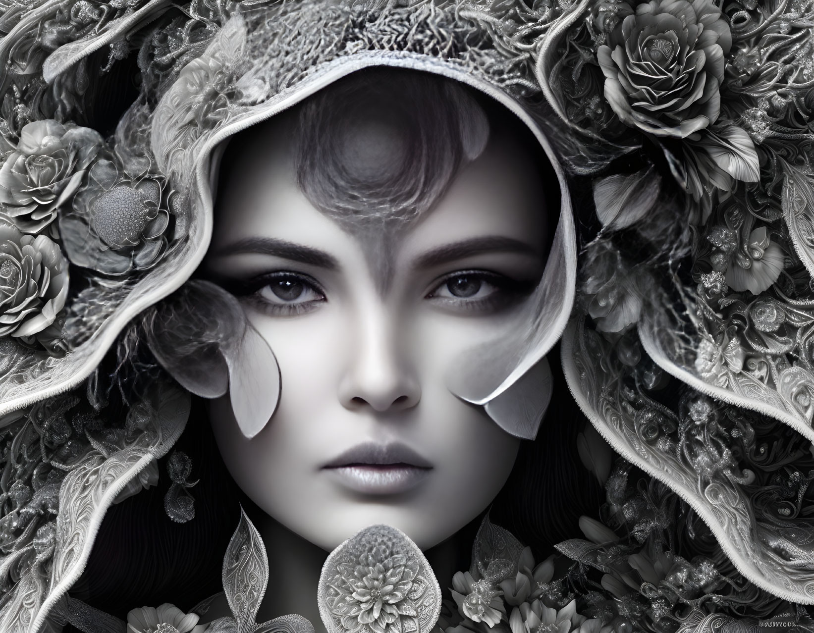 Monochromatic portrait of woman with intense gaze and floral patterns.