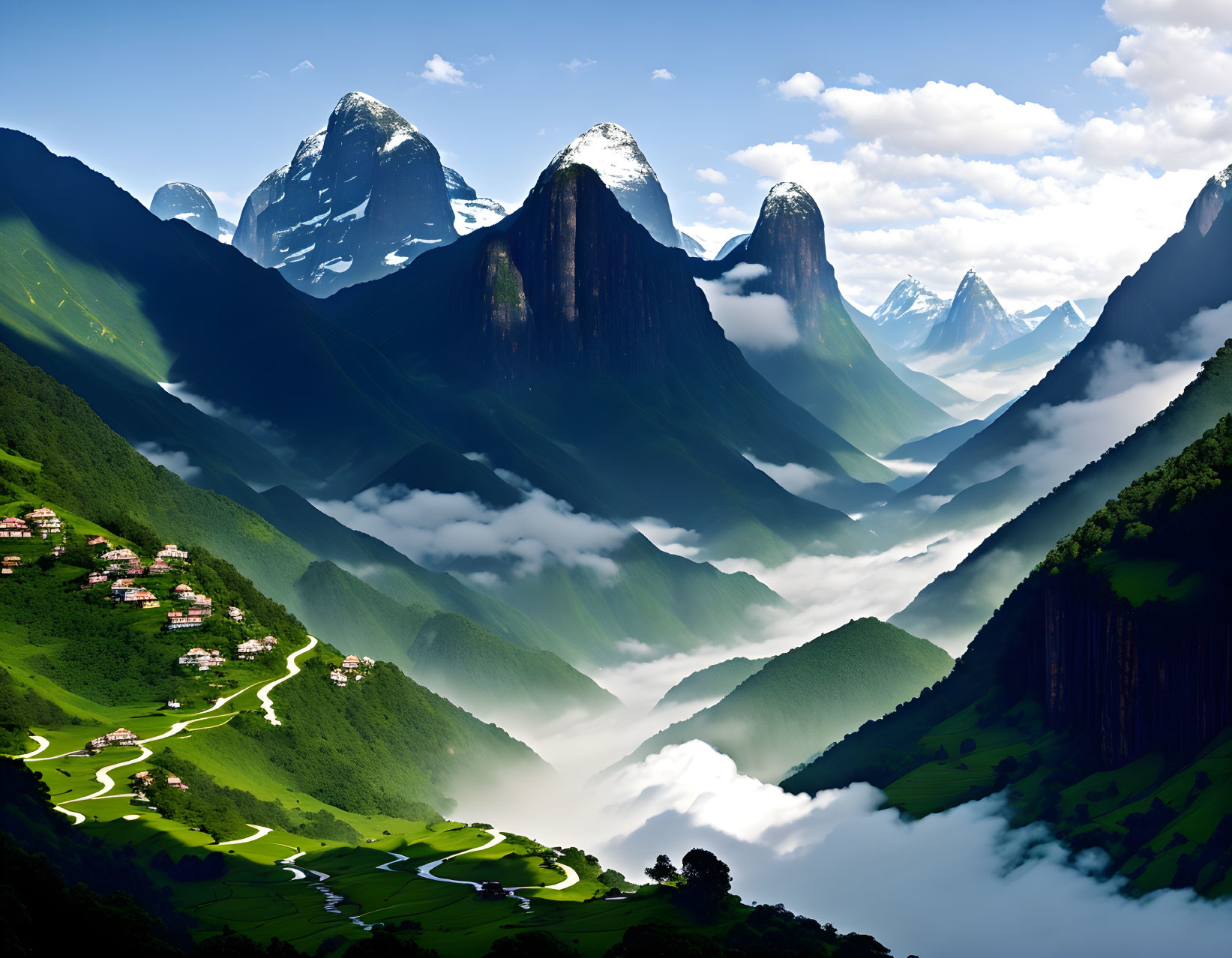 Majestic mountainous landscape with misty valley and village settlements