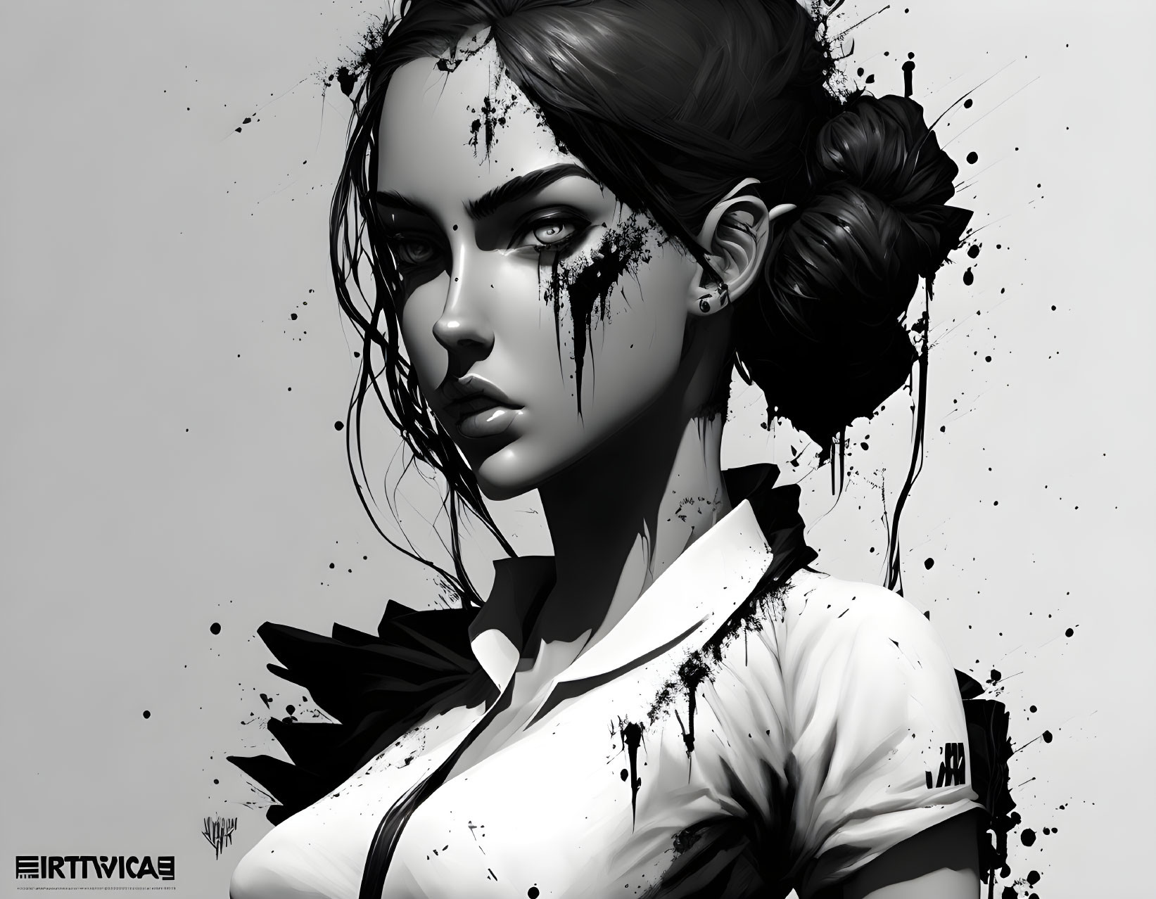 Monochrome artistic portrayal of intense-gazed woman with ink splatter effect