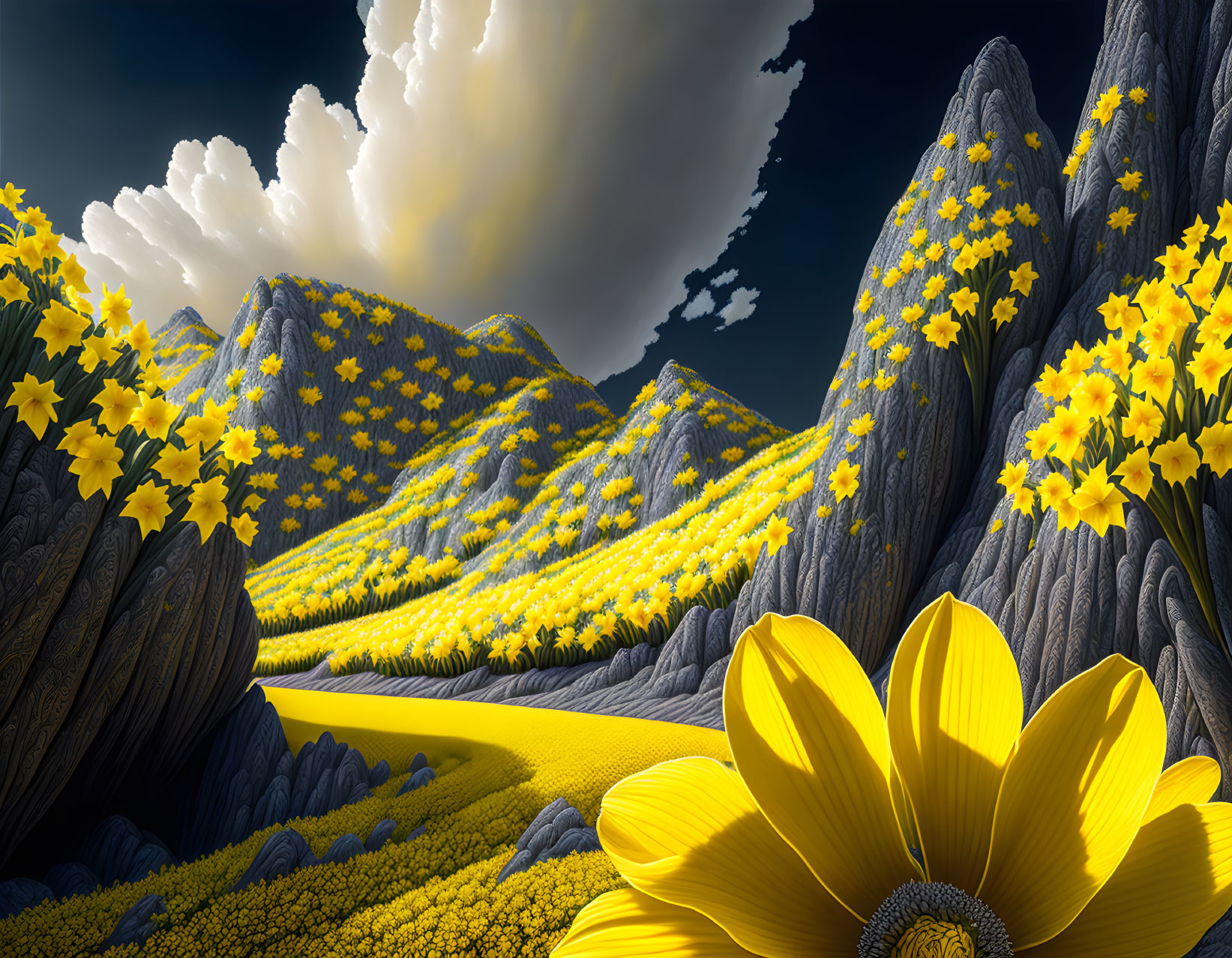 Scenic landscape with yellow flowers, winding path, dark rocks, and fluffy clouds