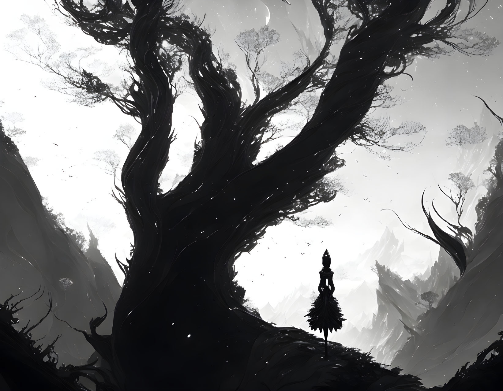 Monochrome ethereal forest scene with solitary figure among twisted trees