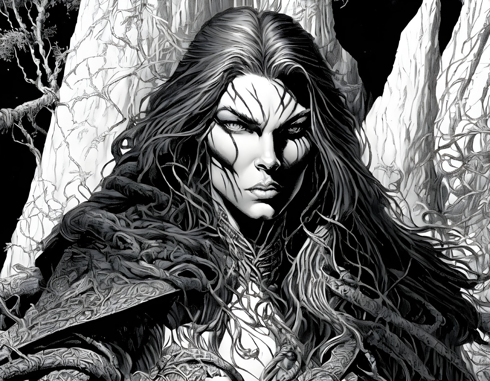 Monochrome illustration of fierce character with detailed facial markings and ornate cloak against bare trees