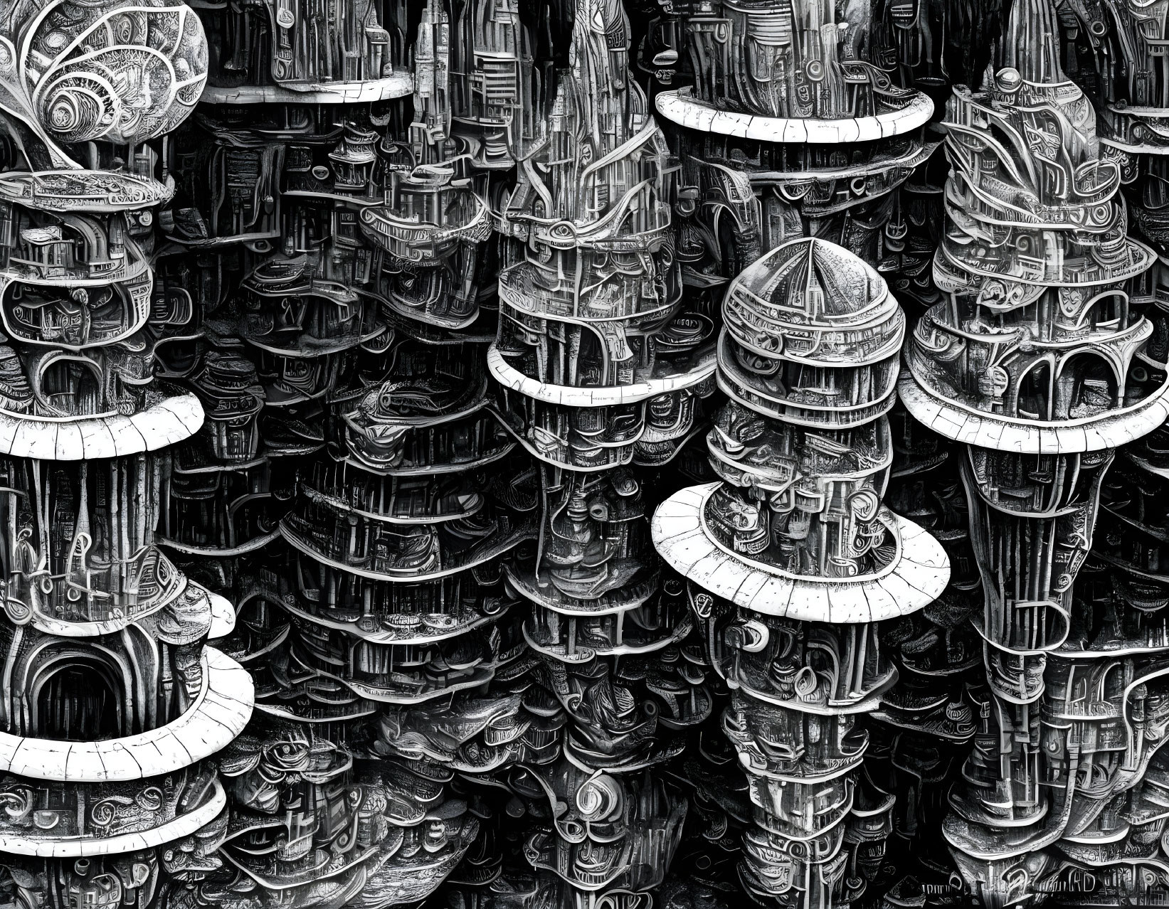 Detailed Black and White Futuristic Cityscape Illustration