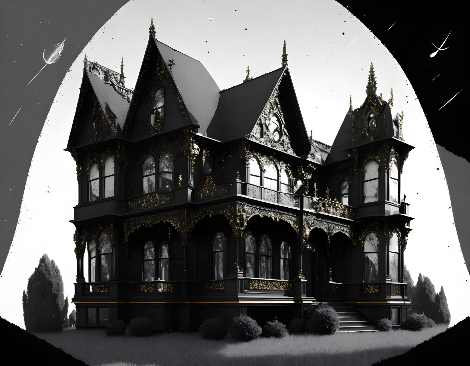 Monochrome Victorian house with crescent moon and shooting stars