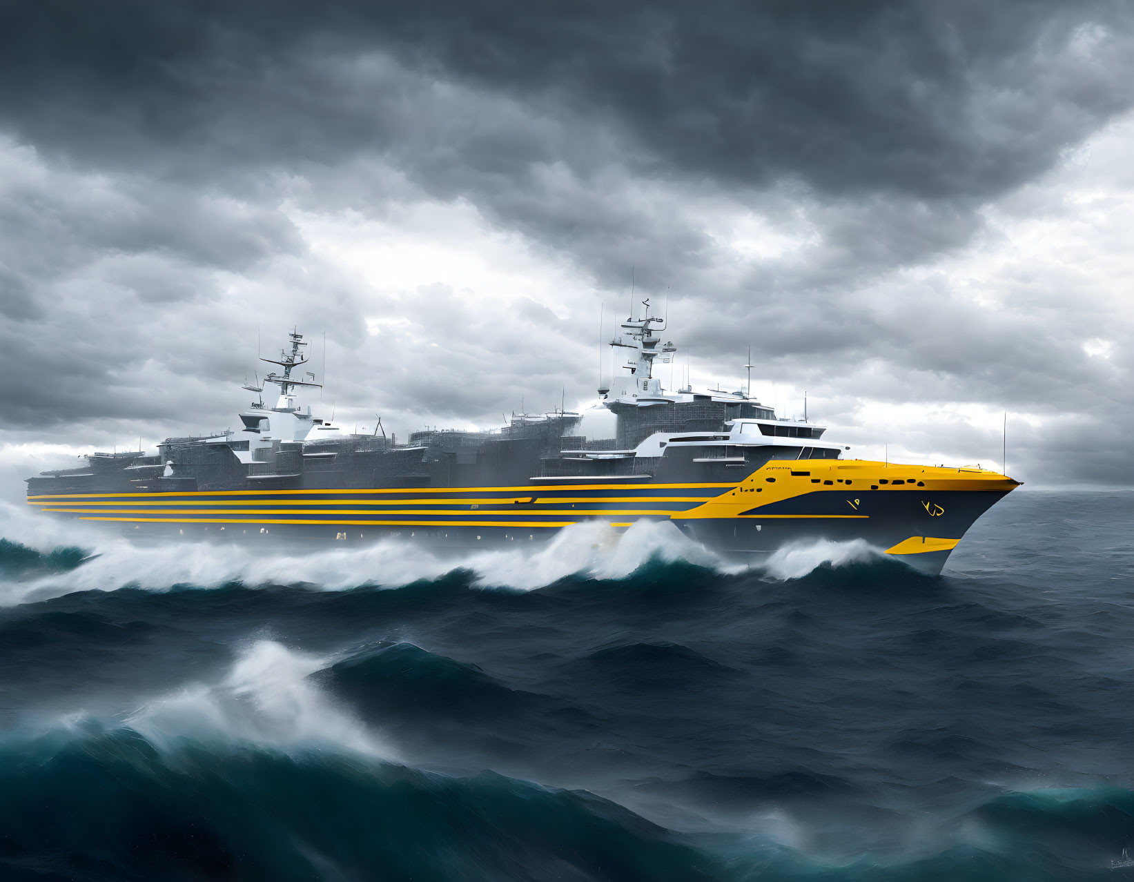 Grey and Yellow Ship Sailing in Rough Seas under Stormy Sky