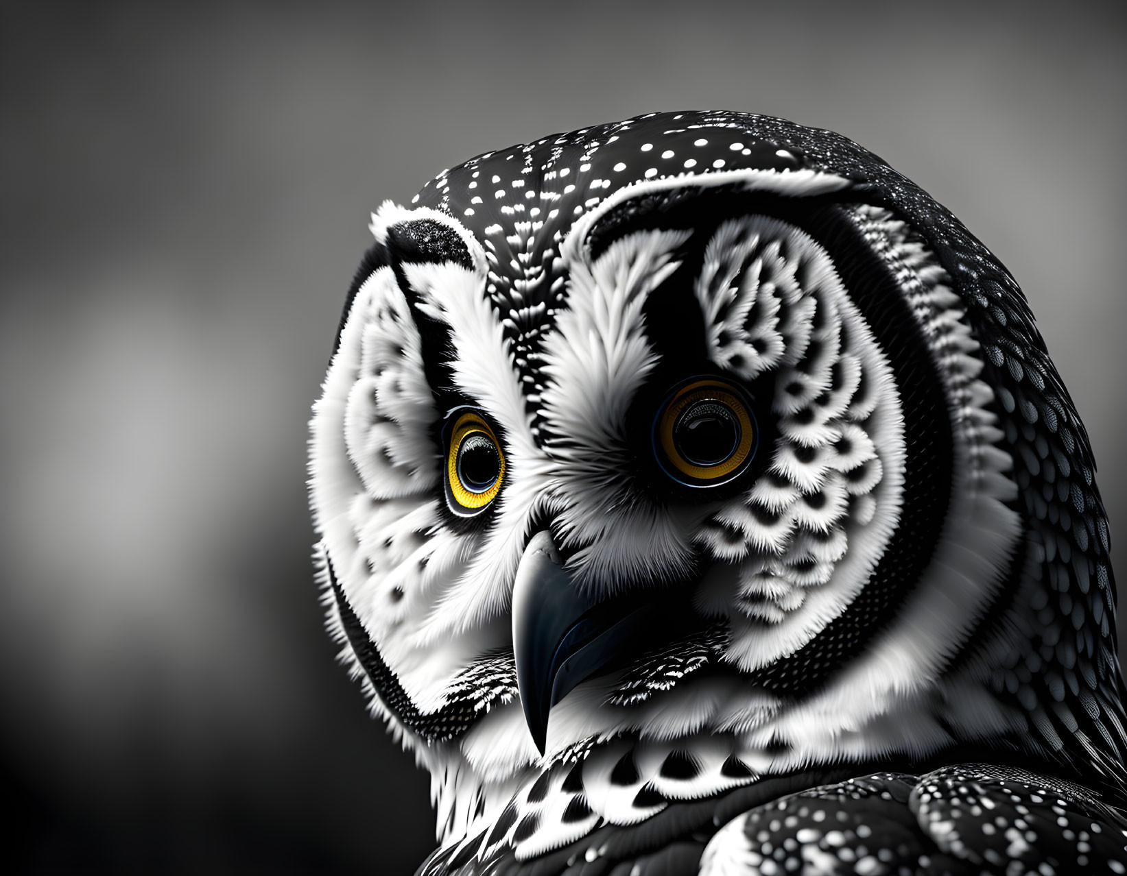 Black and white owl with yellow eyes and detailed feather patterns