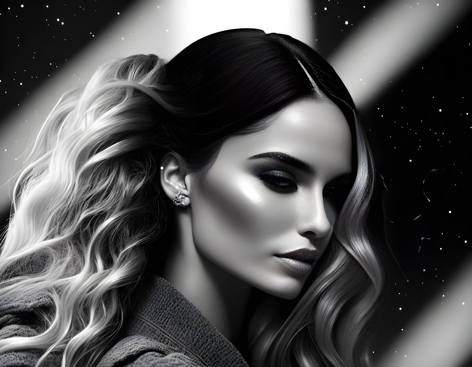 Monochromatic digital portrait of woman with dark to white hair against cosmic backdrop.