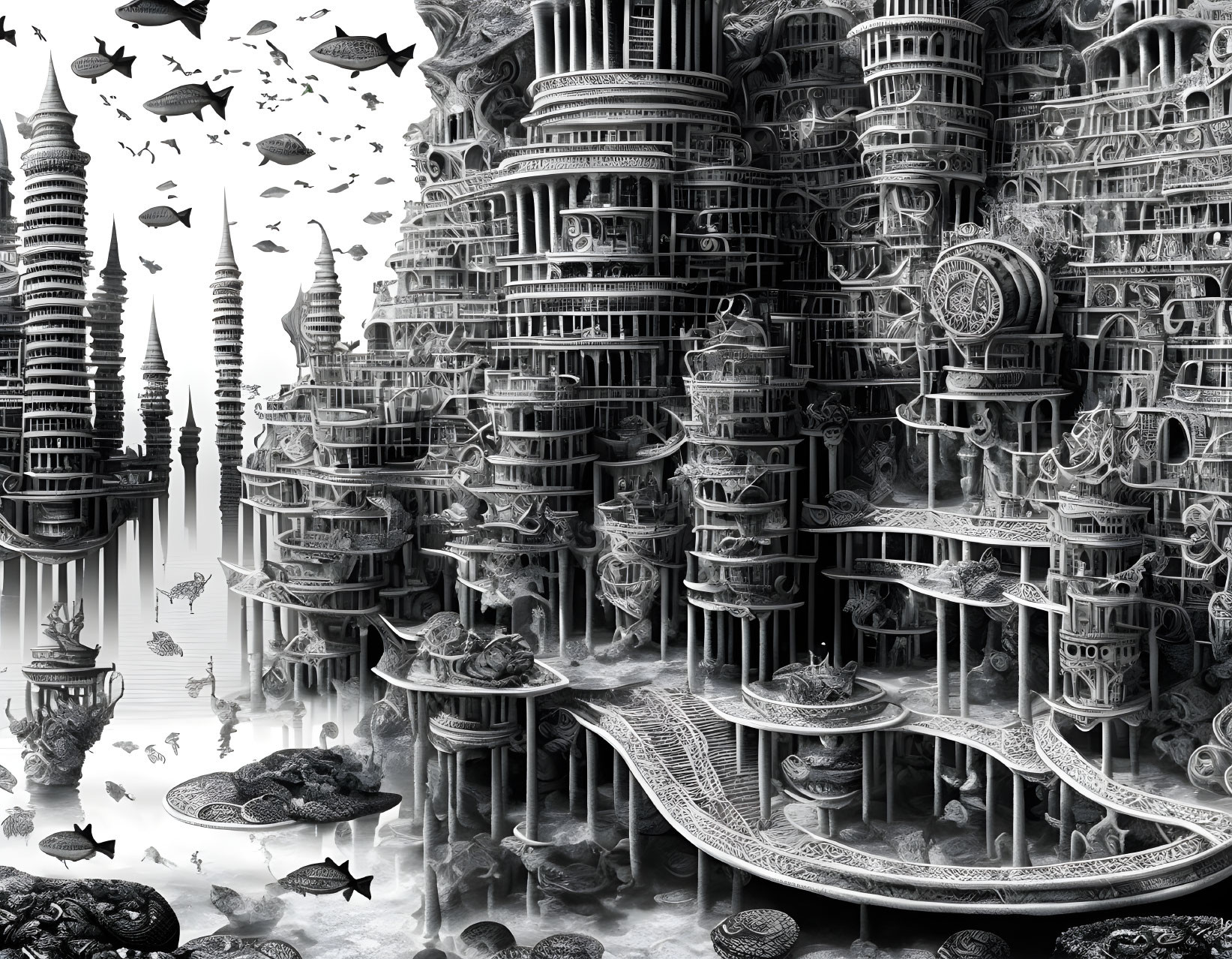 Detailed Monochromatic Fantastical Cityscape with Reflective Water and Flying Fish