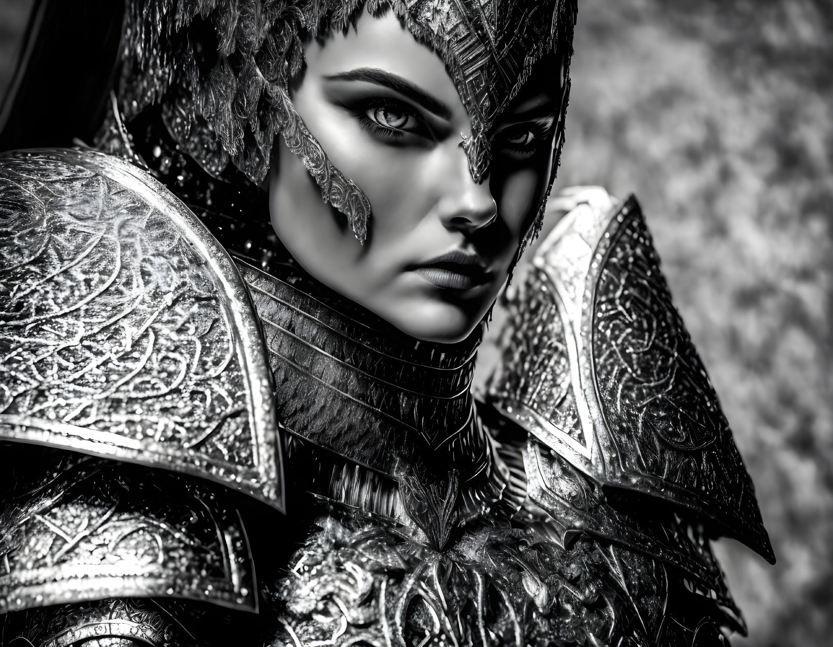 Detailed Black and White Metallic Armor Close-Up