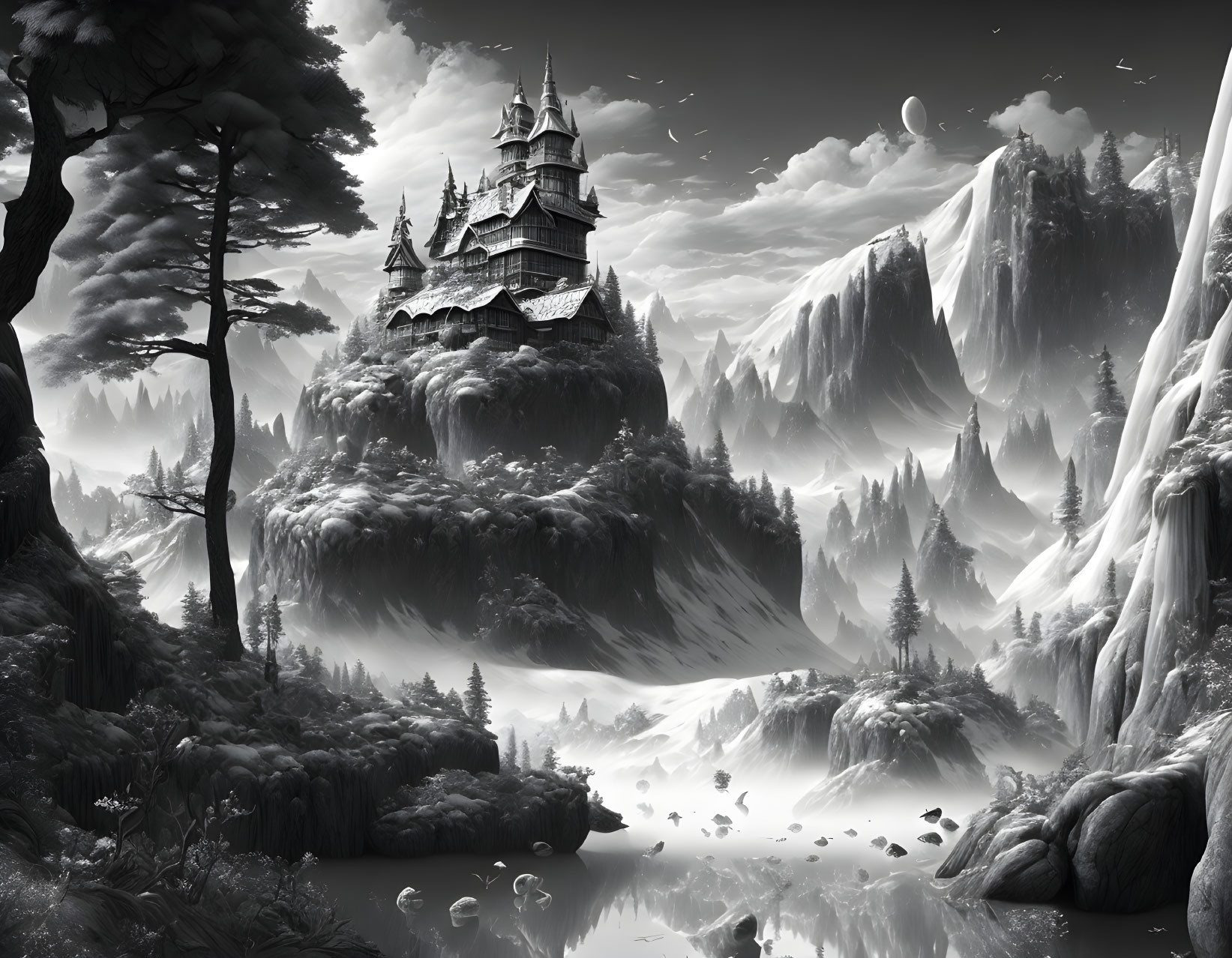 Fantasy Monochrome Landscape with Elaborate Castle and Misty Mountains