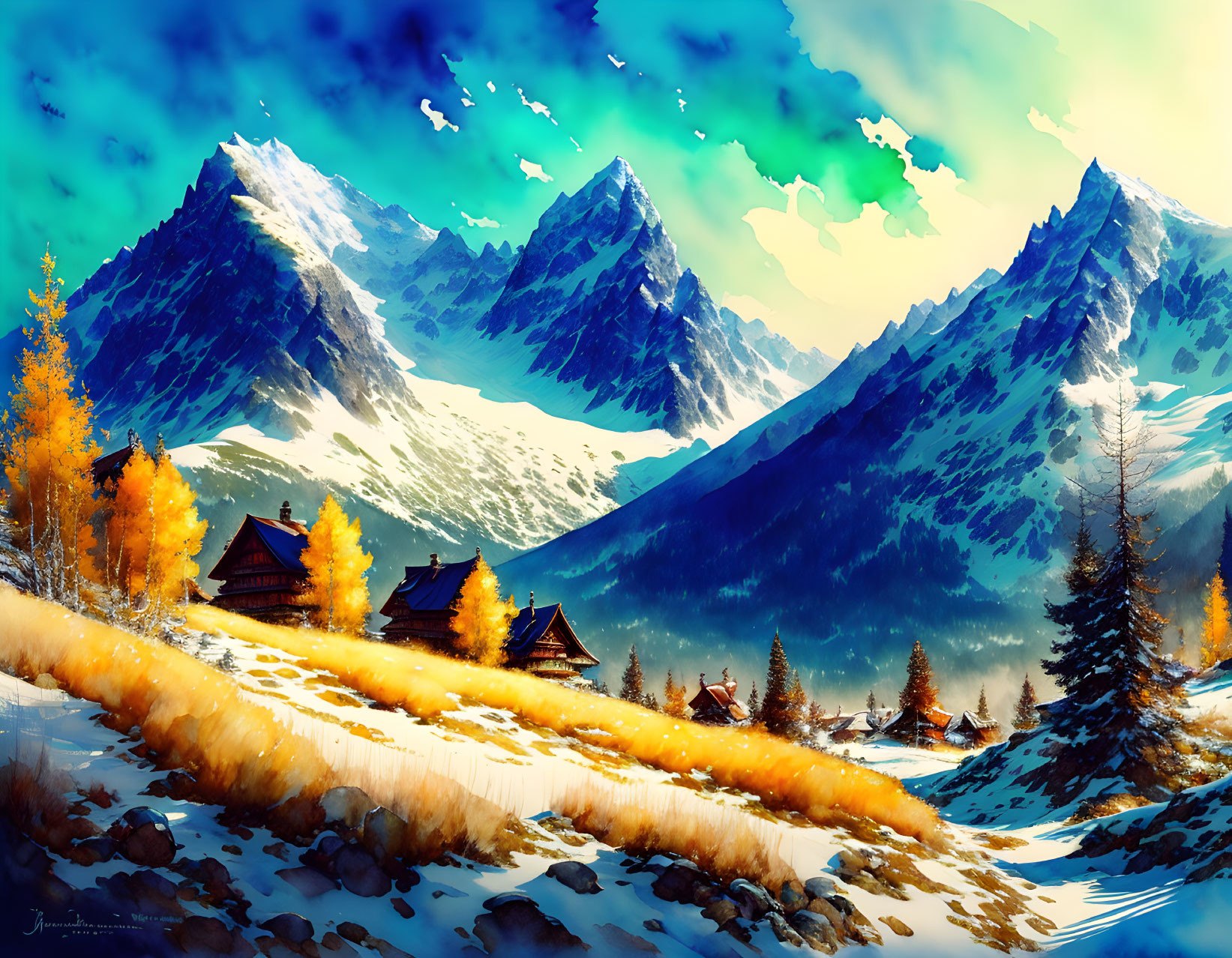 Scenic snow-capped mountain landscape with autumn trees