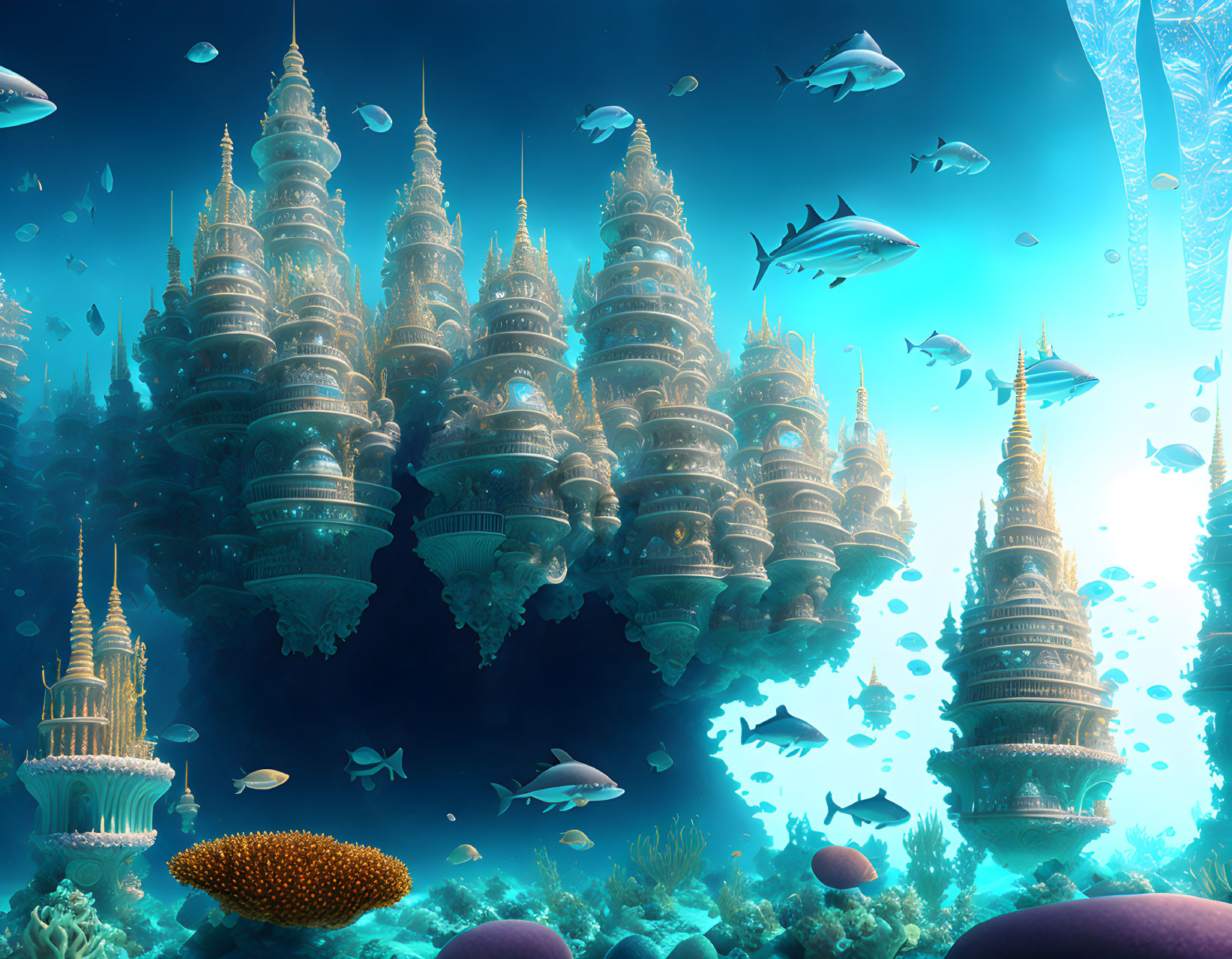 Ornate underwater castle with fish and coral in blue light