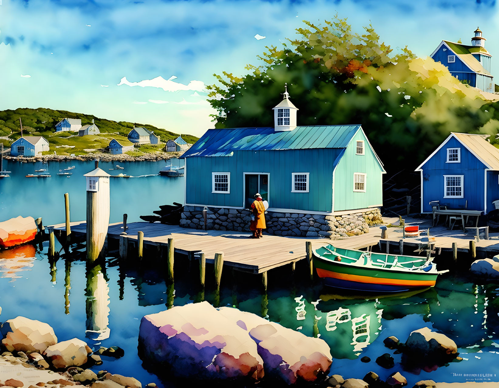 Vibrant coastal illustration with person on dock near turquoise boathouse