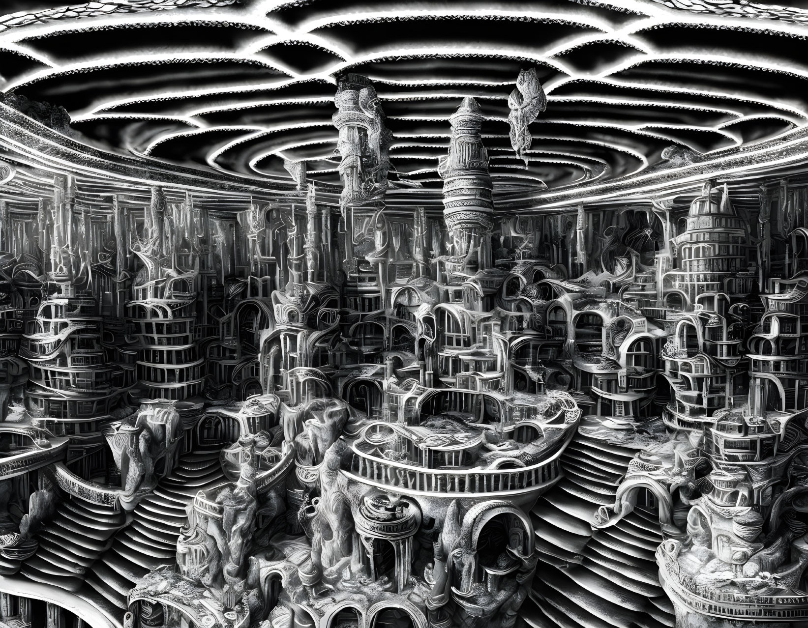 Intricate Black and White Fractal Image of Escheresque Maze