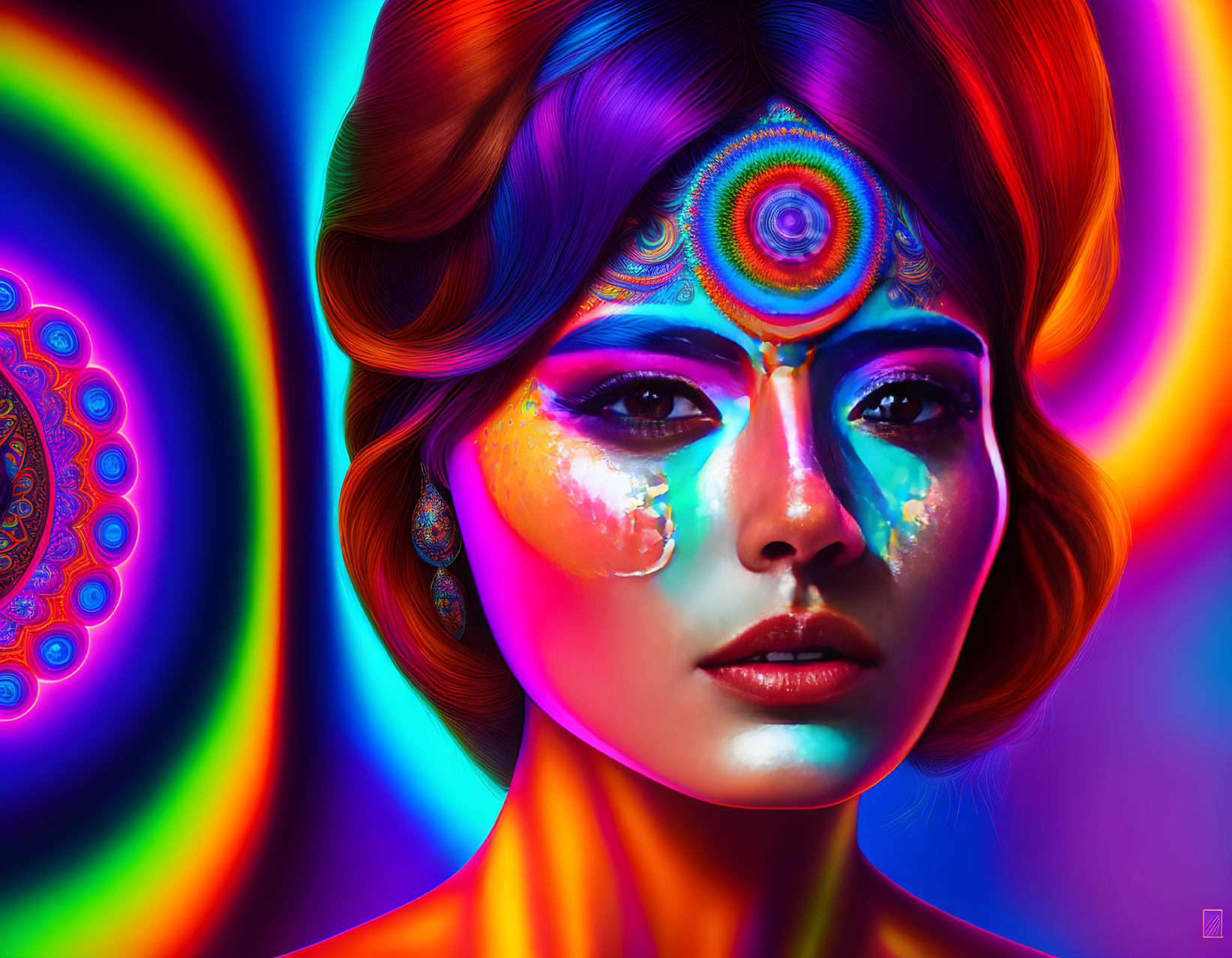 Colorful psychedelic body art portrait against rainbow background