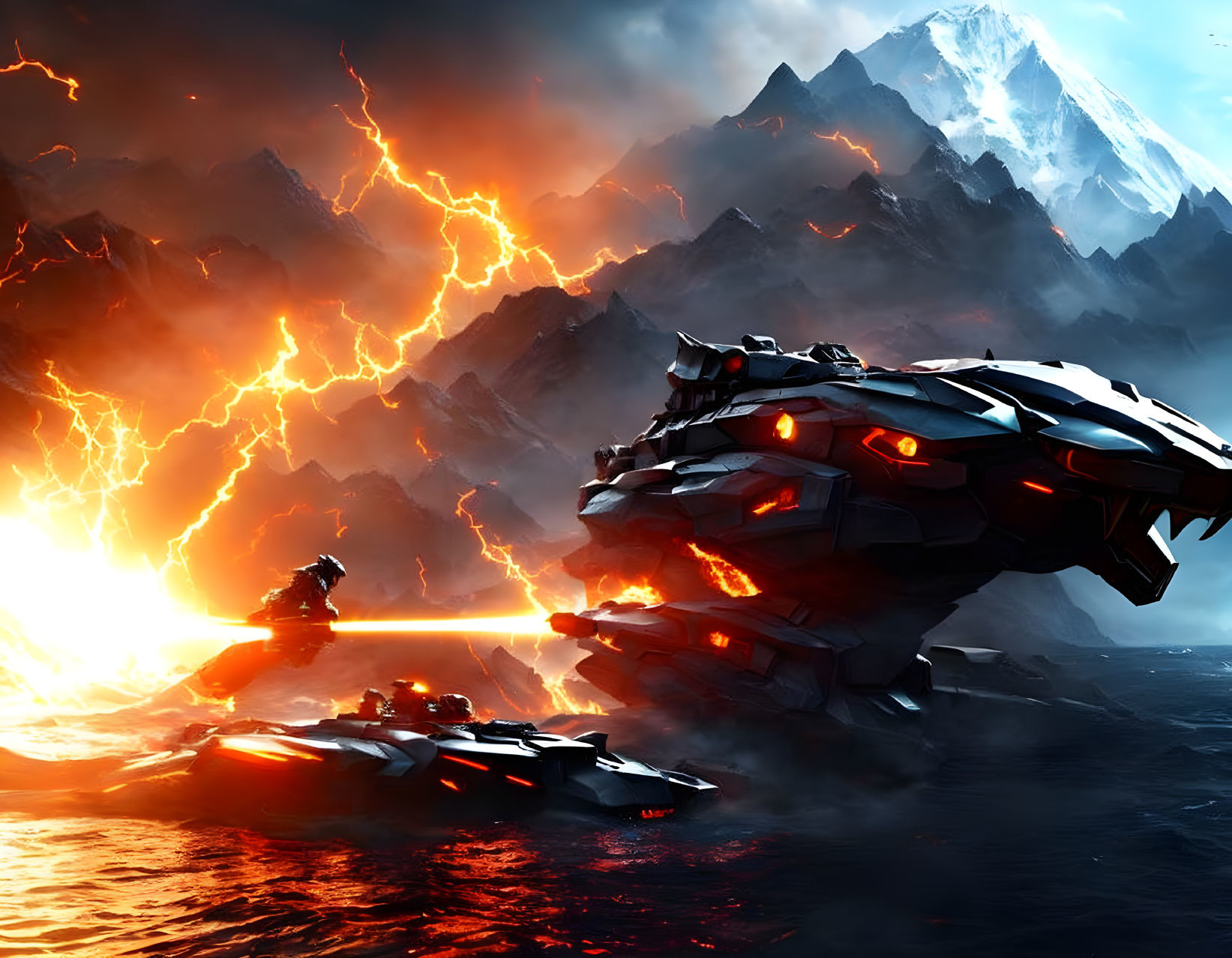 Futuristic battleships over lava landscape with lightning