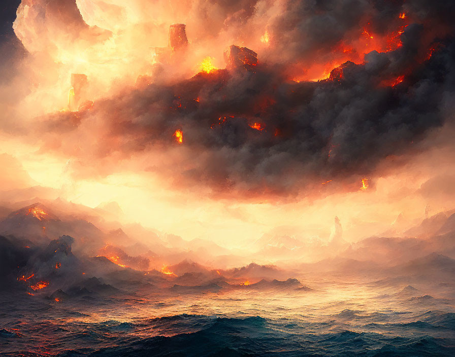 Apocalyptic sky and ocean scene with billowing smoke and embers