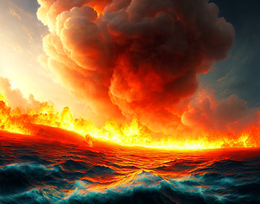 Dramatic contrast of fiery red skies and turbulent ocean