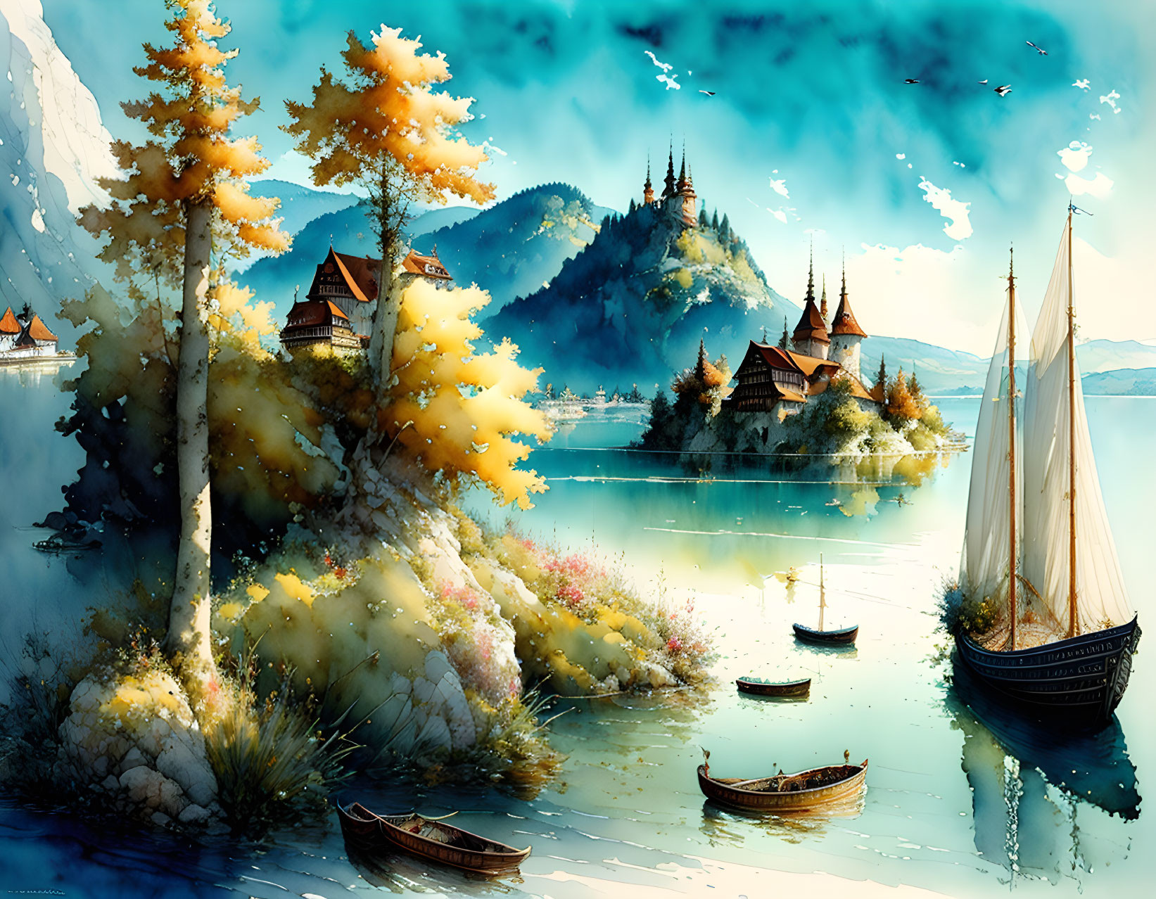 Scenic lakeside landscape with sailboat, boats, houses, and castle