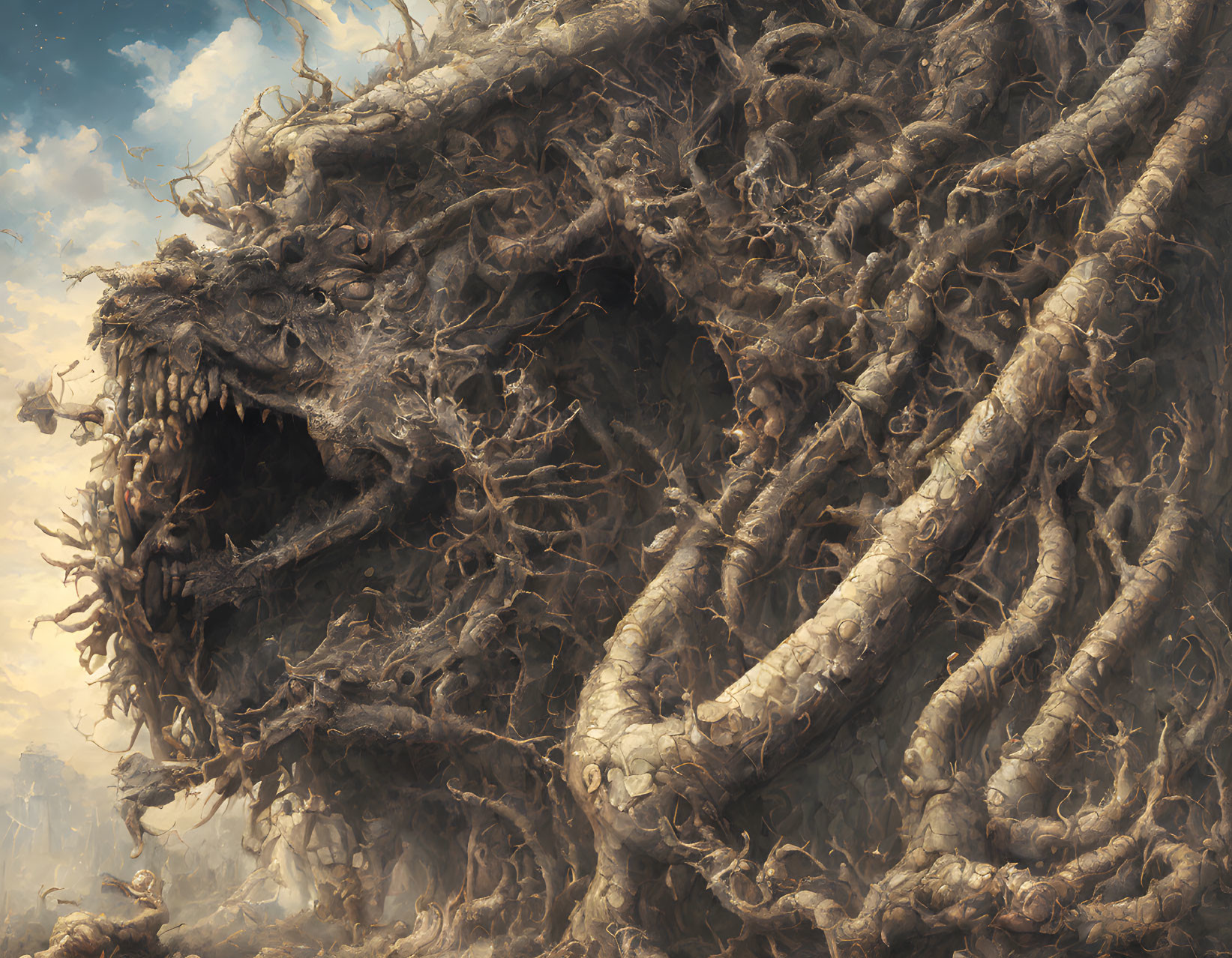 Monstrous entity with gnarled roots and open maw under cloudy sky