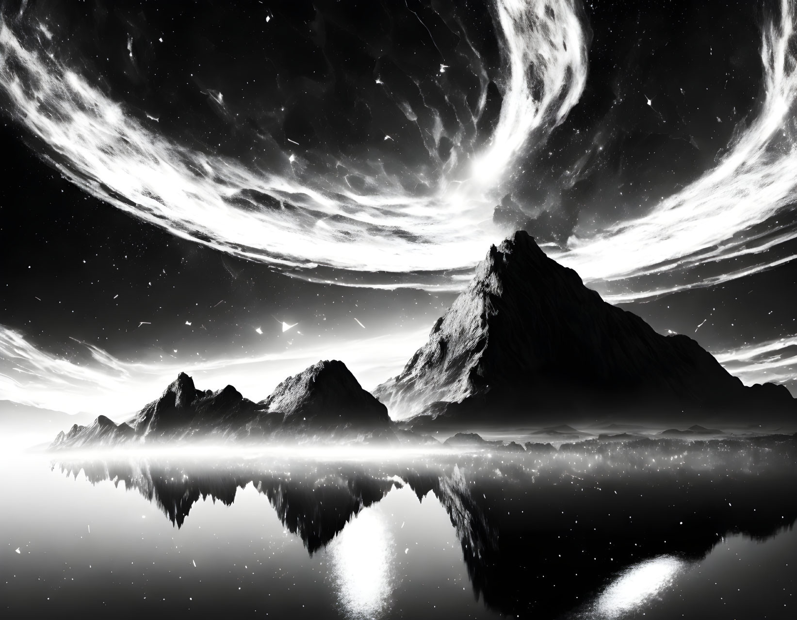 Monochrome mountain landscape with starry sky and cosmic clouds