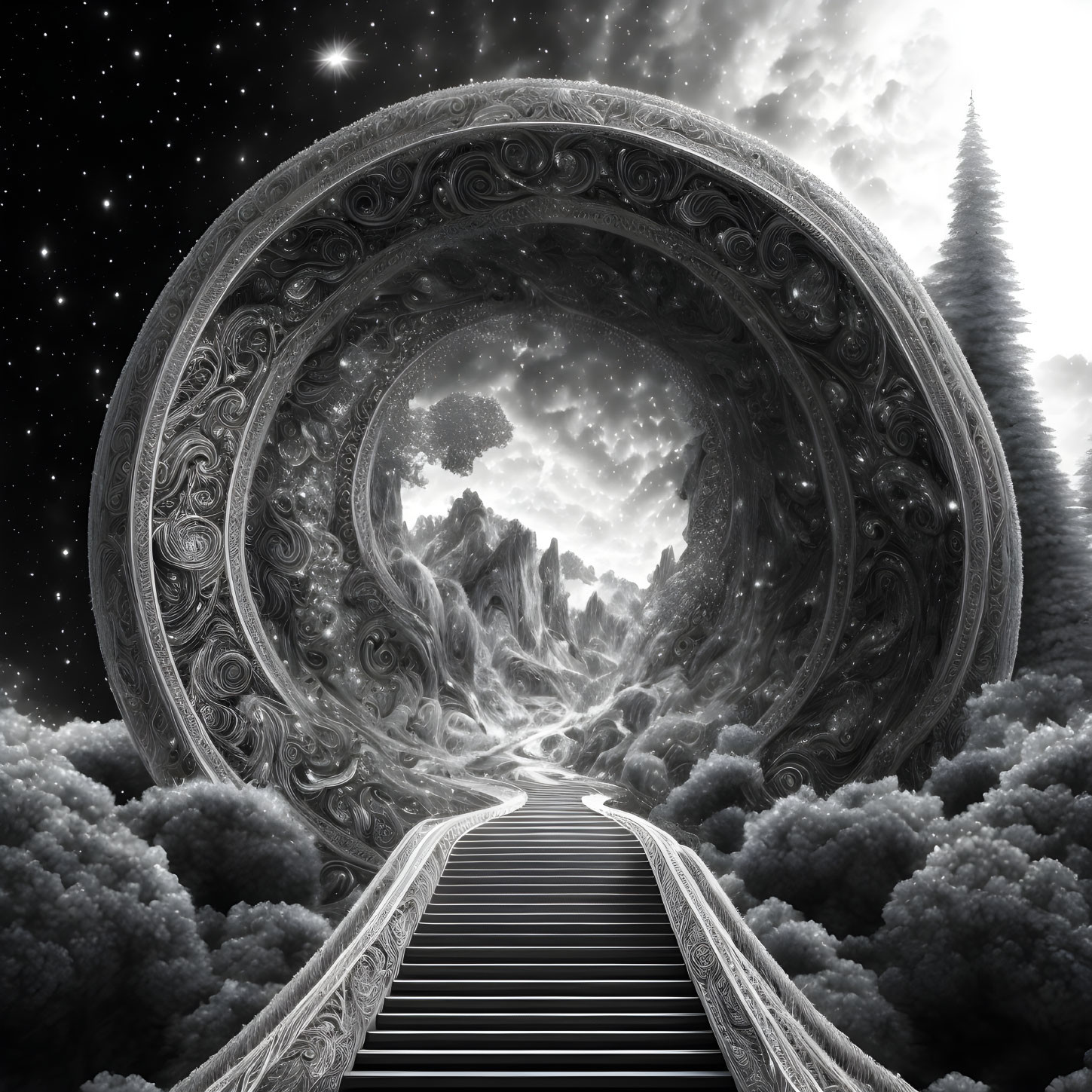 Surreal black and white image: ornate circular portal, mountain landscape, starry sky