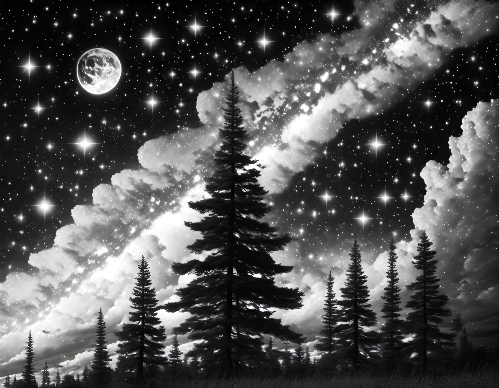 Night Sky with Stars, Full Moon, Clouds, and Pine Tree Silhouettes