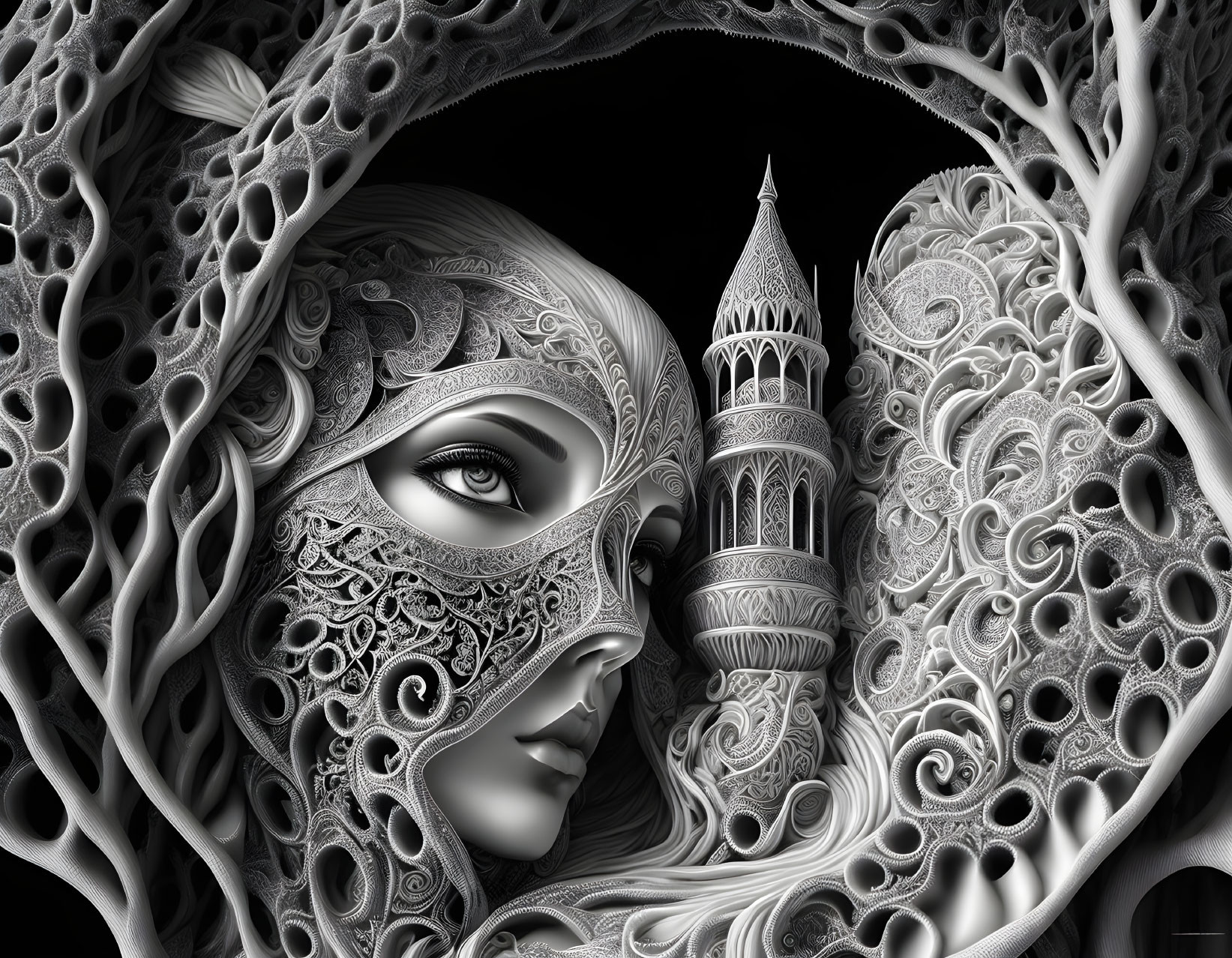 Grayscale fantasy art: Woman with intricate face patterns and tower backdrop