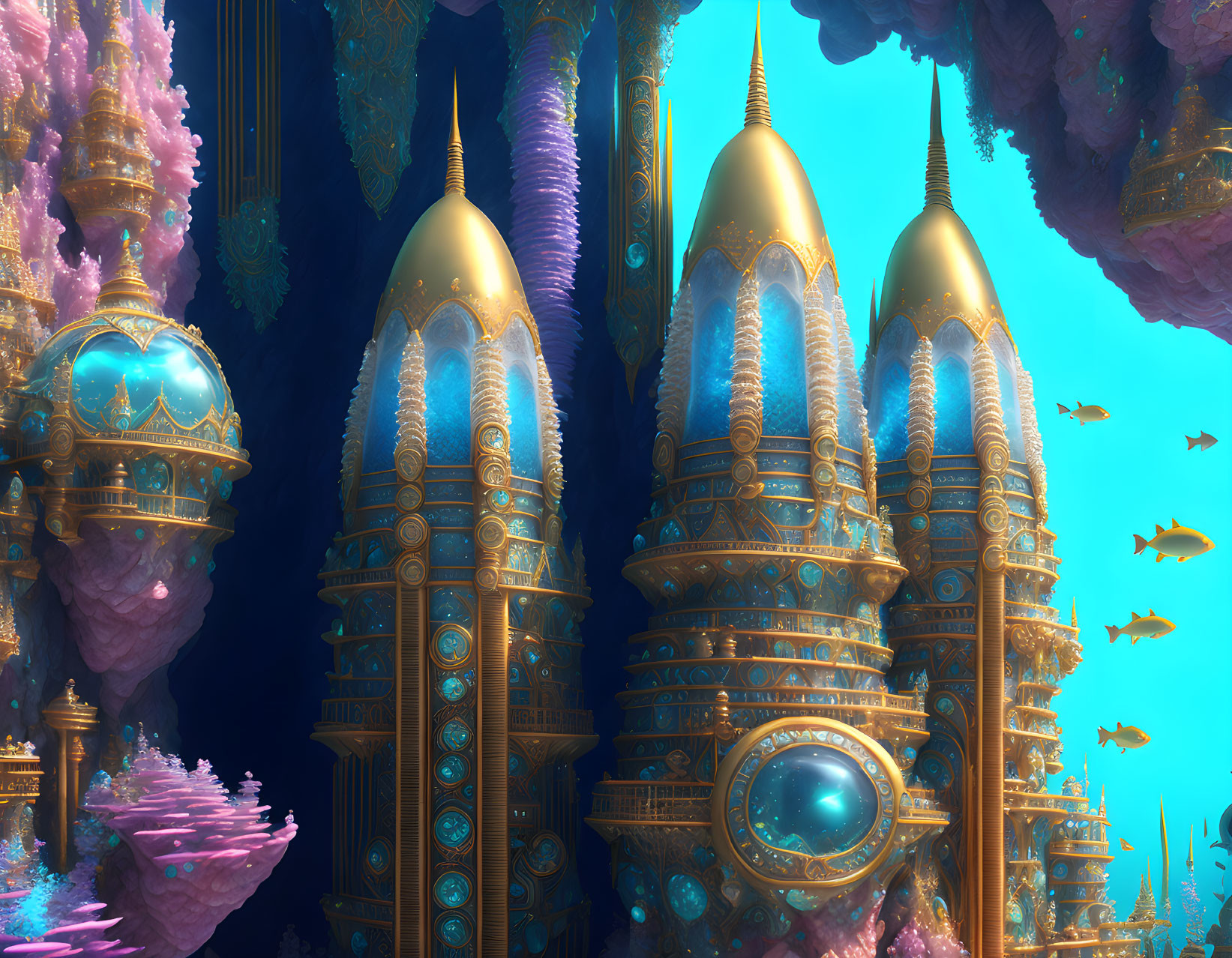 Fantasy underwater city with golden towers, coral structures, crystals, and fish.