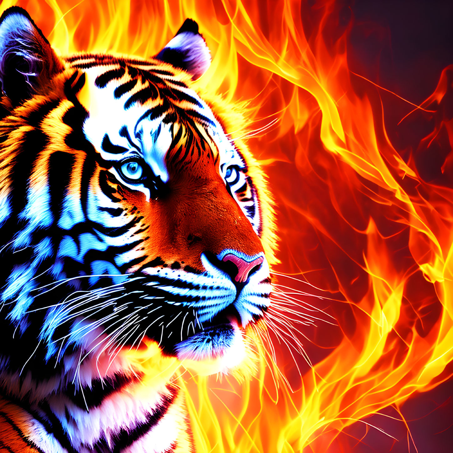 Detailed Tiger Head Illustration with Blue Eyes and Fiery Background