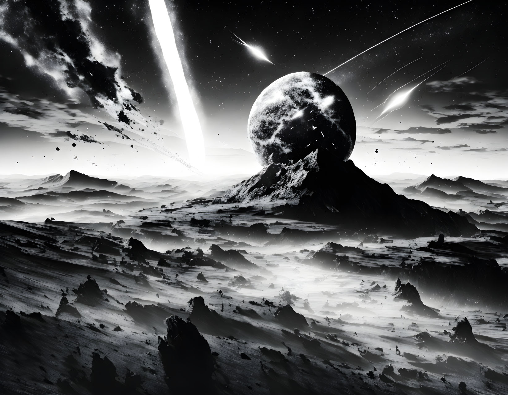 Monochrome extraterrestrial landscape with rising planet and streaking comets