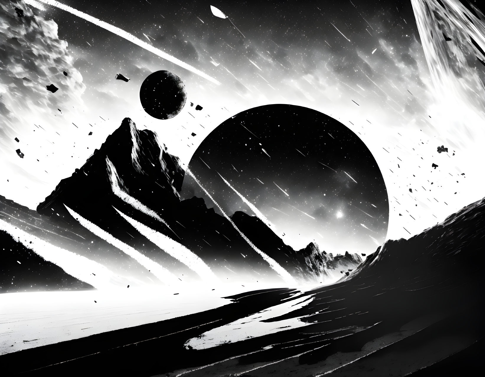 Monochrome sci-fi landscape: mountains, large planet, twin moons, shooting stars