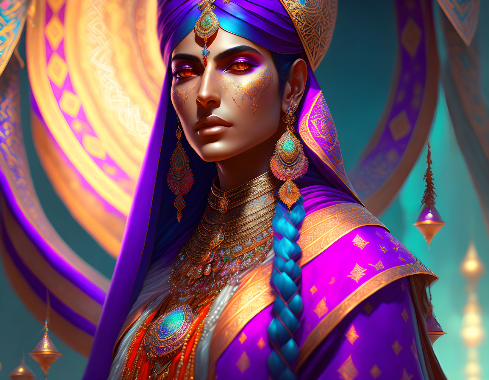 Traditional Indian Woman in Purple and Gold Attire with Henna Designs