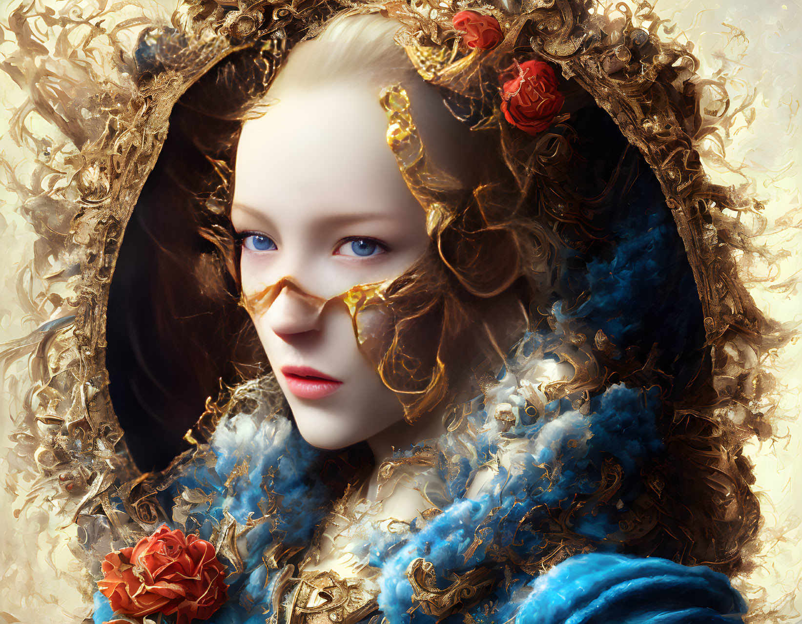 Woman in Blue and Gold Ornate Costume Peering Through Baroque Golden Frame