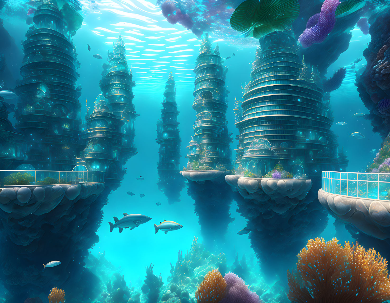 Vivid underwater city with spiral structures and coral reefs